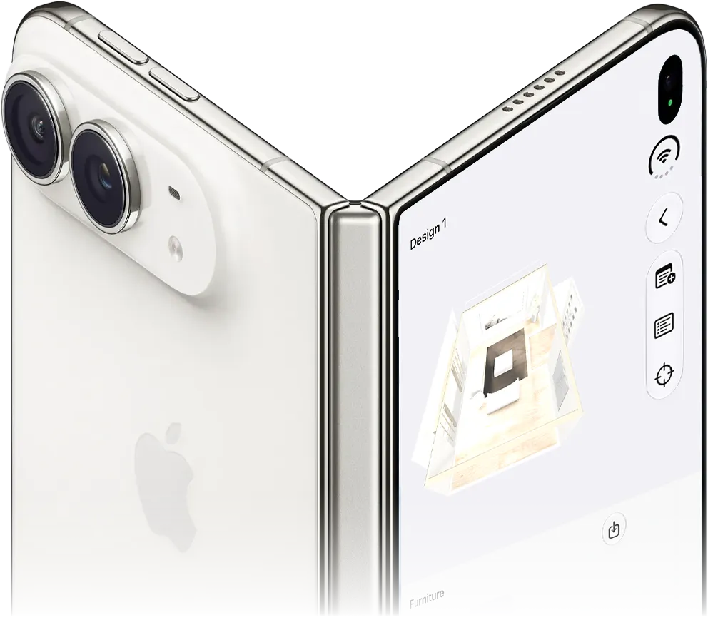 Prevision running on a white iPhone Duo, unfolded, showing a 3D apartment design
